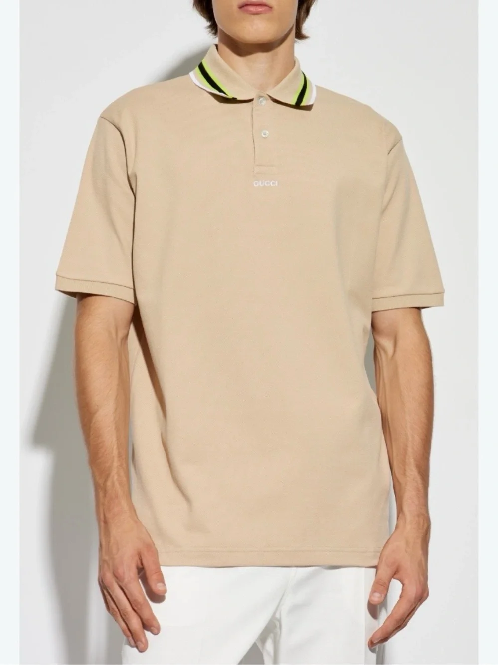 Gucci Beige Polo with Green-Trim Contrast Collar